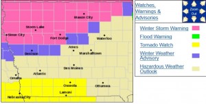 Tornado Watch until 10pm for counties in yellow. Winter Weather Advisory for counties purple. Winter Storm Warning for counties in pink. 