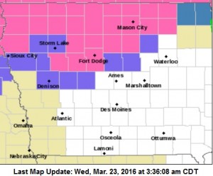 Winter Storm Warning for counties in pink; Winter Weather Advisory for counties in purple. (For more info. go to http://www.weather.gov/dmx/