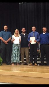 Pictured:  Tyler Drvol (committee member), Emily McDermott (recipient), Josh Fellows (committee member) , Clayton Saeugling (recipient), Steven Petersen (committee member)