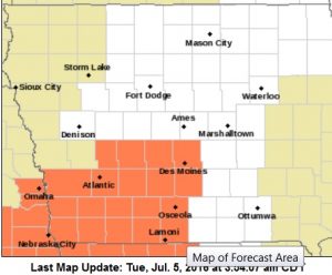Heat Advisory for counties shaded in orange.